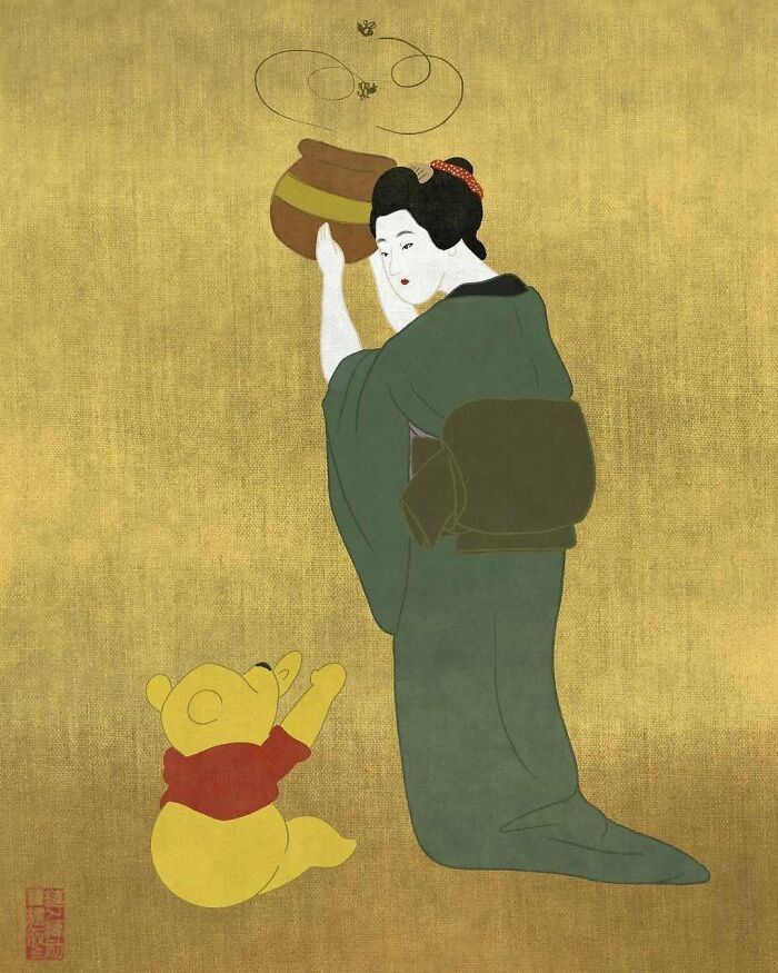 Japanese artist using traditional painting styles to depict a geisha and Winnie the Pooh in a modern art style.