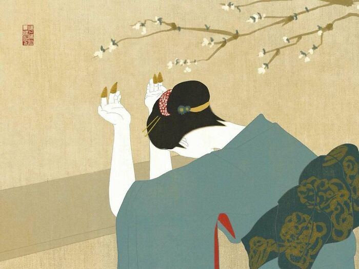 Japanese artist painting of a woman in traditional style with modern elements and delicate blossoms on a beige background