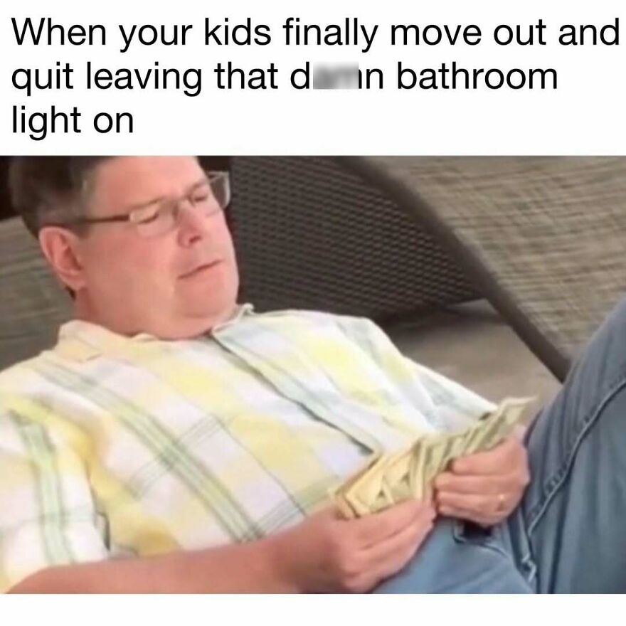 Man relaxing on a chair counting money with a caption about kids moving out in dad memes and jokes.