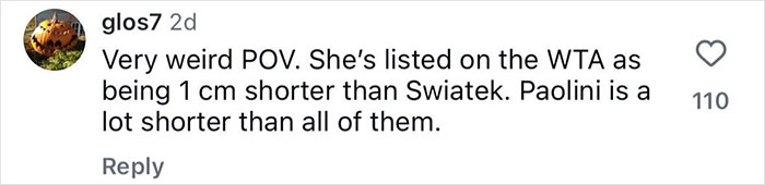 Social media comment discussing tennis players' heights amid tennis star&rsquo;s testosterone remark controversy.