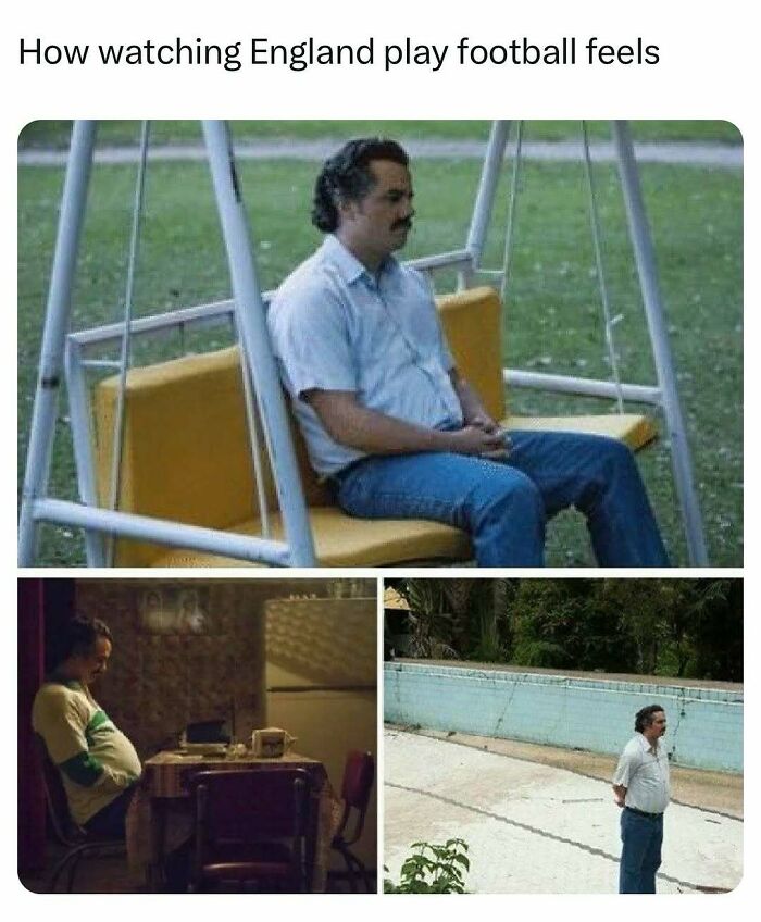 Man in various scenes looking lonely and disappointed, illustrating feelings of watching England play football British memes.