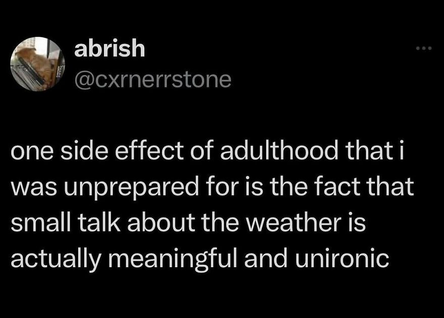 Twitter post about adulthood and meaningful small talk, relevant to memes and jokes about dads being all the same person.