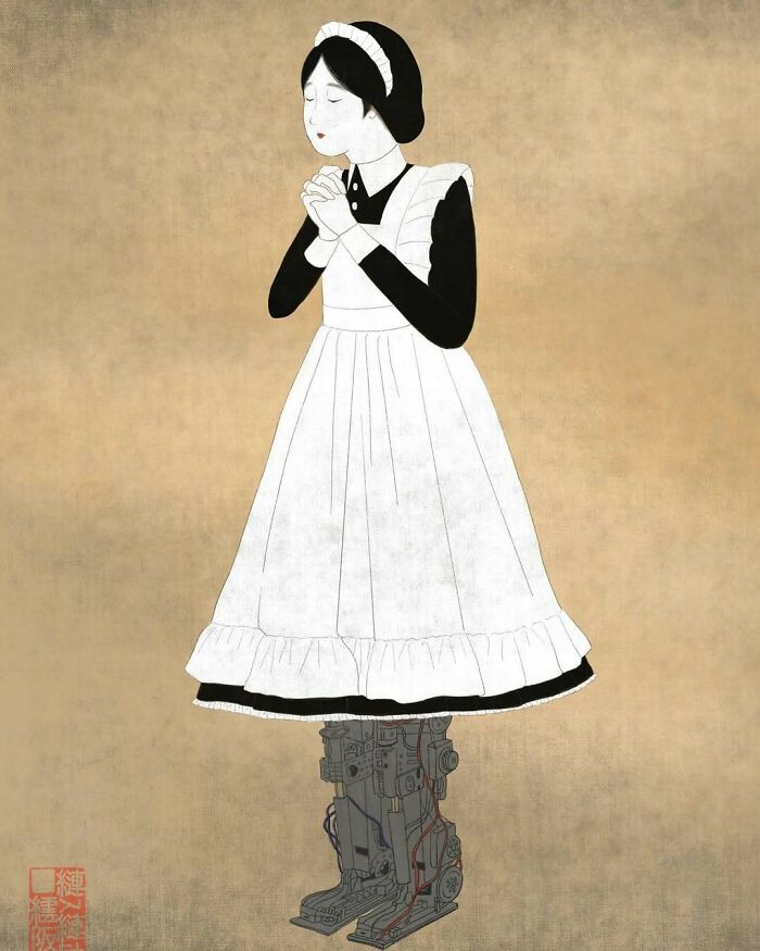 Japanese artist painting showing a traditional style maid with mechanical robot legs, blending classic and modern elements.