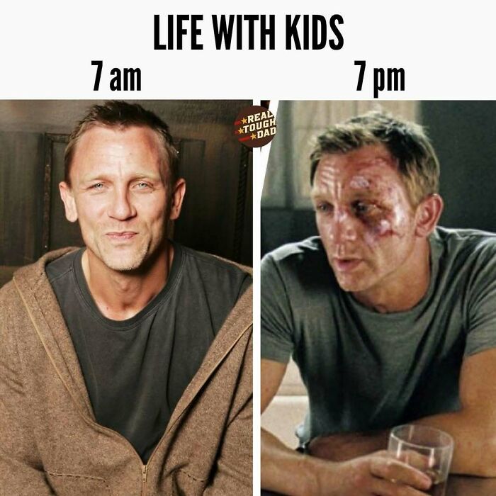 Man smiling and looking fresh at 7 am and beaten up and tired at 7 pm illustrating relatable parenting memes about life with kids.