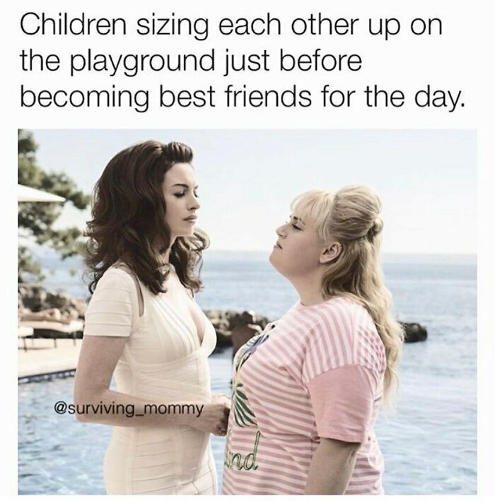 Two women sizing each other up by the pool, a relatable parenting meme capturing childhood friendship dynamics.