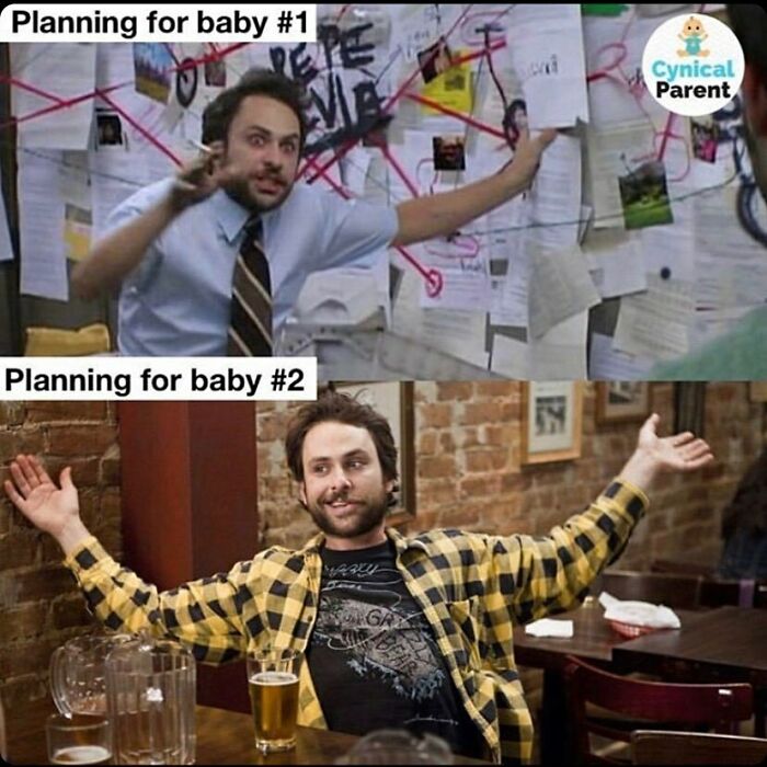 Man intensely planning with papers on a wall versus relaxed man at a bar, relatable parenting memes about baby planning humor.