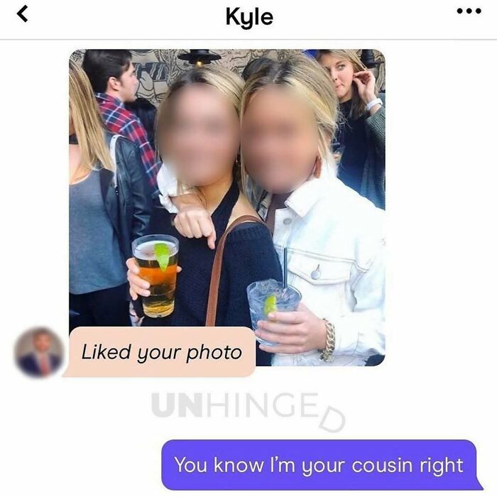 Two women holding drinks at a bar, with a dating app message revealing an unhinged family connection.