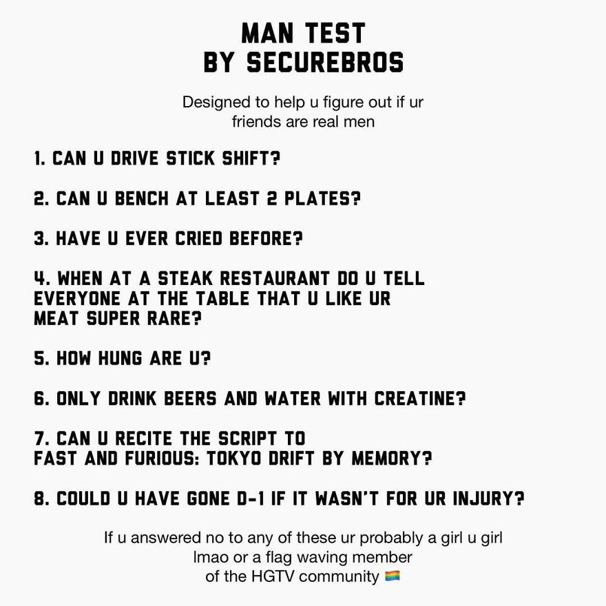 Funny man test checklist making fun of alpha males with humorous questions about driving, strength, emotions, and stereotypes.