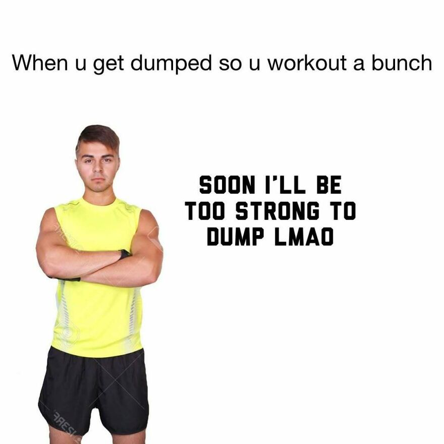 Young man in workout clothes flexing muscles with humorous text making fun of alpha males after a breakup.