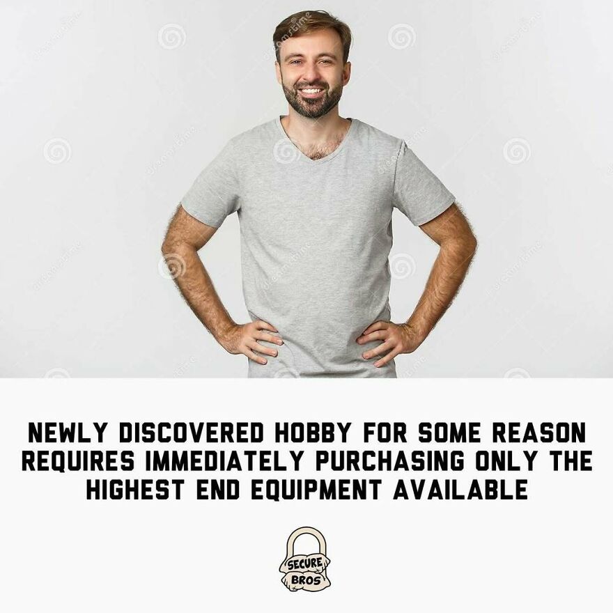 Smiling man with hands on hips above text humorously mocking alpha males' need for the highest end equipment in new hobbies.