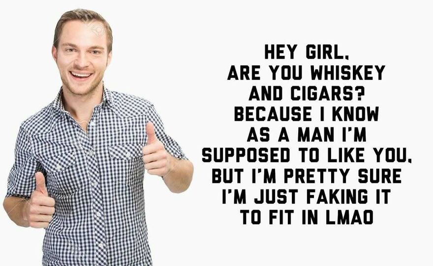 Smiling man giving thumbs up with text humorously mocking alpha male stereotypes about whiskey and cigars.