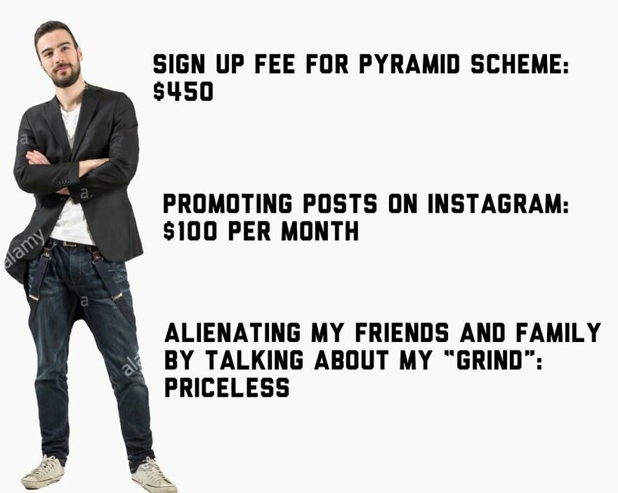 Man in casual blazer and jeans with text mocking alpha male hustle culture and social media promotion costs.