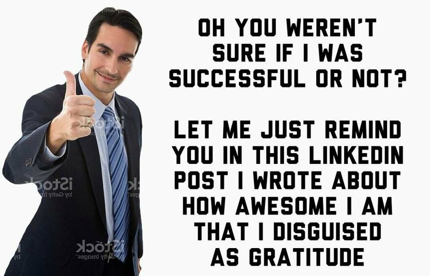 Man in suit giving thumbs up with text making fun of alpha males and LinkedIn success posts.