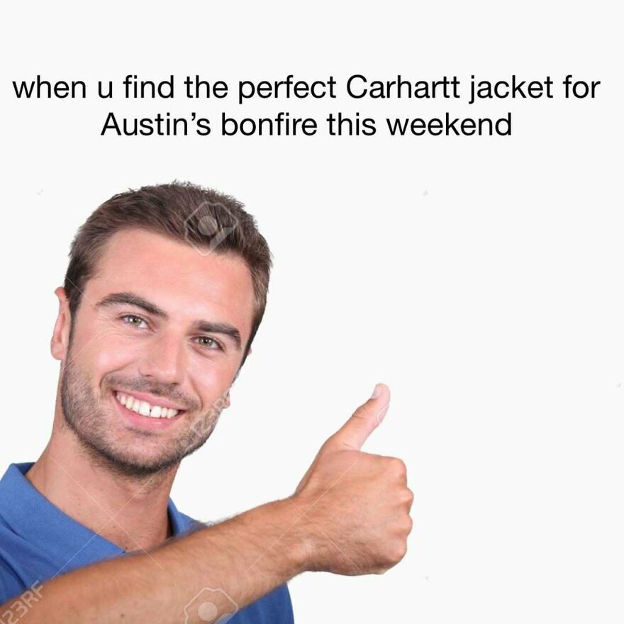 Young man smiling and giving thumbs up in a meme post making fun of alpha males and their style choices.