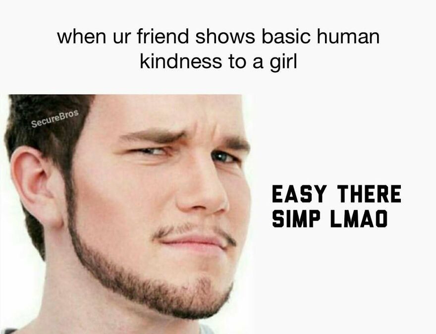 Young man with skeptical expression reacting to friend showing kindness, humor related to alpha males and social behavior.