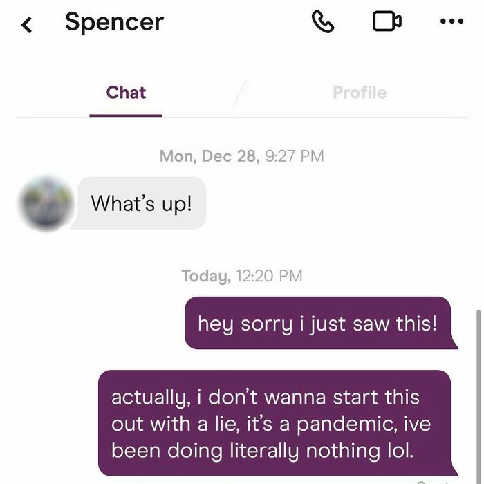 Chat screenshot from dating app showing a casual conversation with a humorous pandemic-related response.
