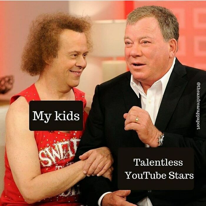 Two men smiling and shaking hands, labeled with relatable parenting memes about kids and talentless YouTube stars.