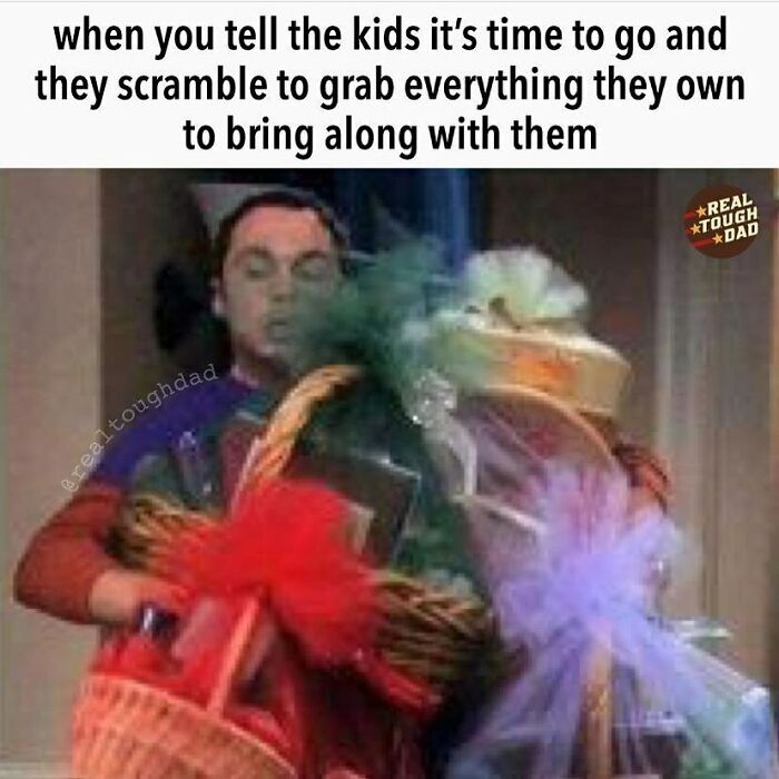 Man carrying multiple baskets and gifts, illustrating relatable parenting meme about kids grabbing everything to bring along.