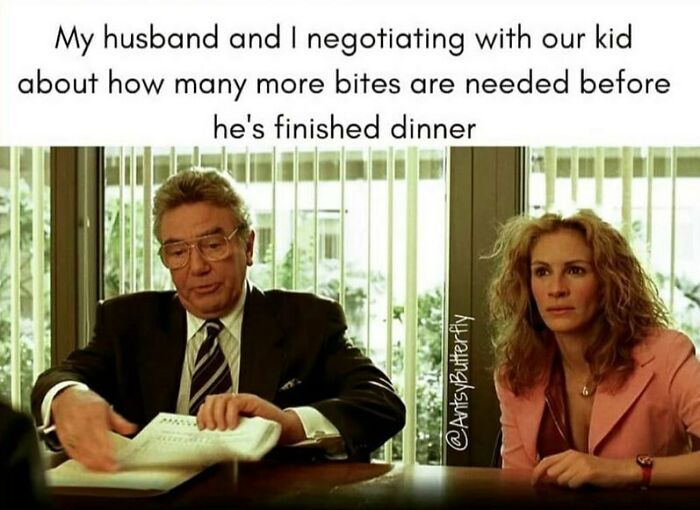 Scene from a movie showing parents negotiating with their kid about finishing dinner, illustrating relatable parenting memes.