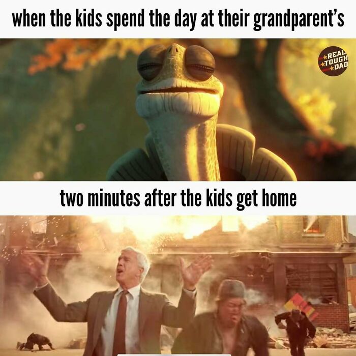 Relatable parenting meme showing calm before kids visit grandparents, then chaos erupts when they return home.