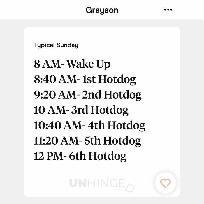 Screenshot of a dating app profile listing a typical Sunday schedule focused on eating multiple hotdogs.