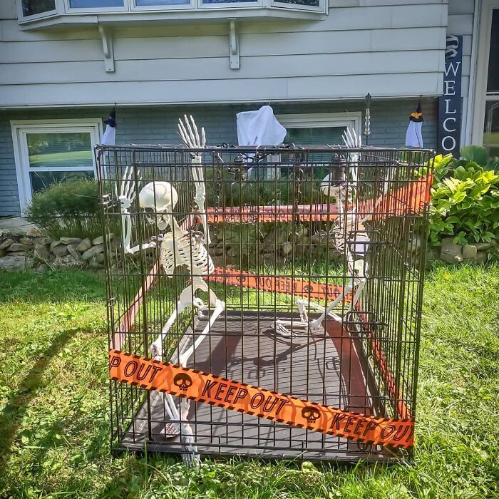 Outdoor Halloween decorations featuring skeletons trapped in a cage with keep out tape on a bright lawn.