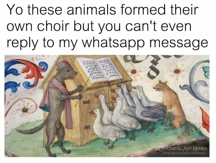 Medieval painting of animals in a choir with a modern funny caption, showcasing comedy gold with modern captions on old paintings.