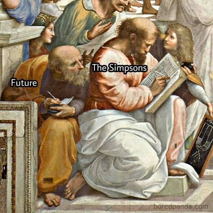Old painting with modern captions referencing The Simpsons and future, creating comedy gold with humorous contrast.