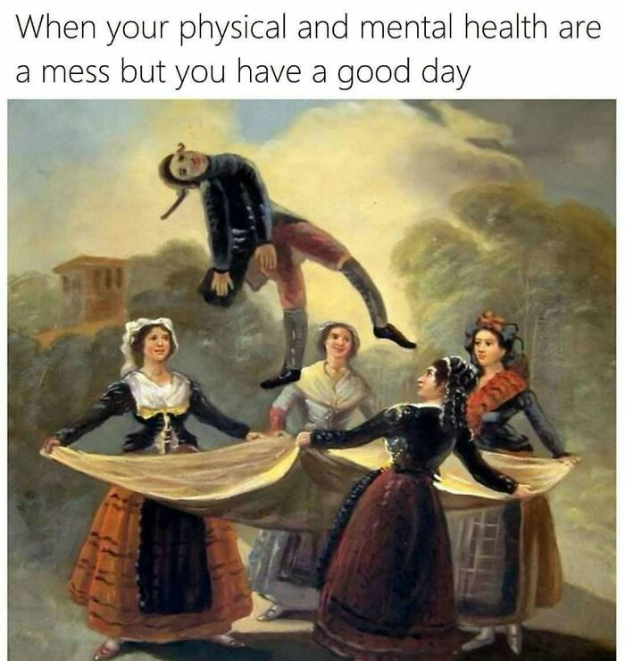 Old painting humor with modern captions showing people tossing a man in traditional clothing, creating comedy gold.