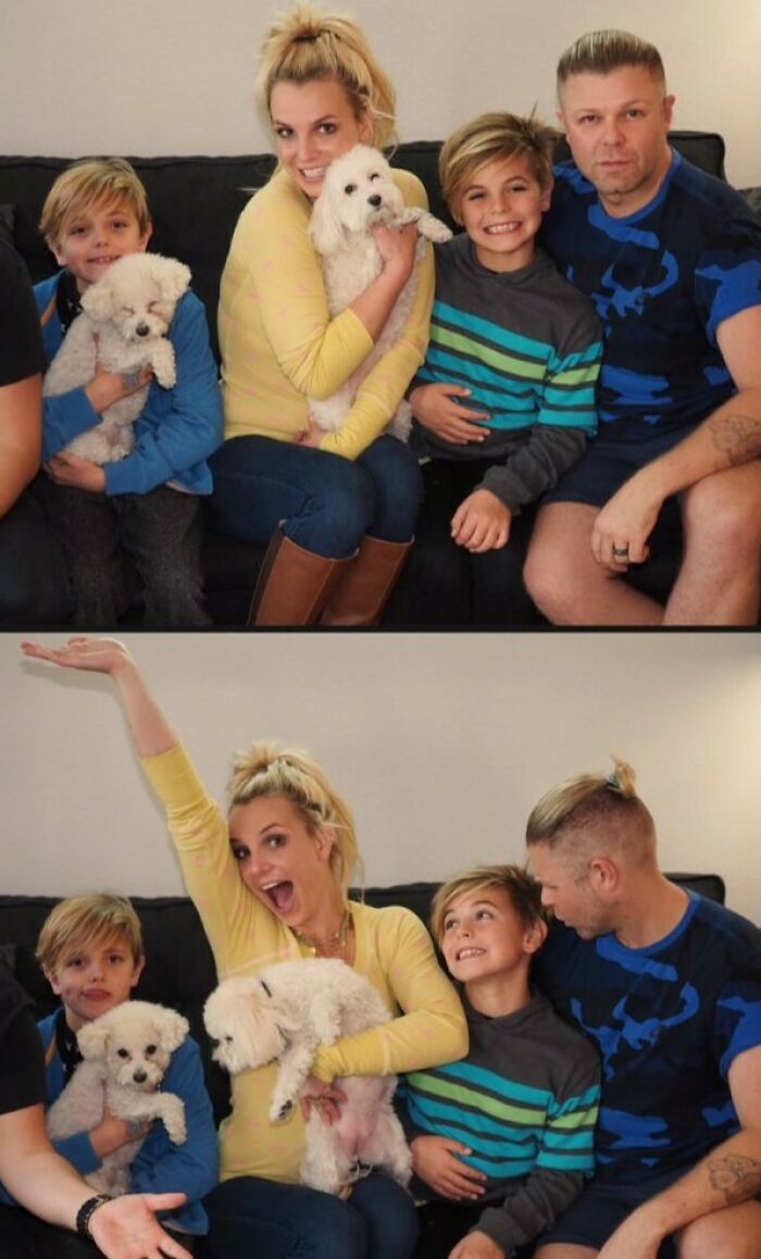 Kevin Federline and Britney Spears with their sons and dogs, sitting on a couch in casual family moments. Kevin Federline and Britney Spears with their sons and dogs, sitting on a couch in casual family moments.