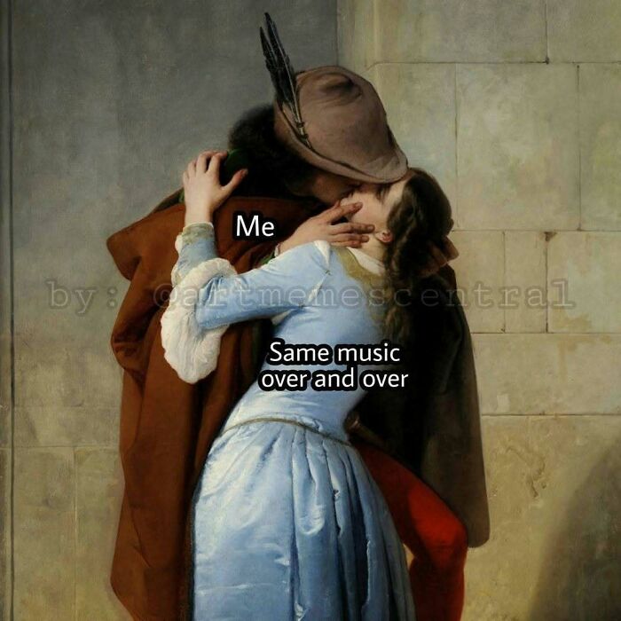 Old painting humor with modern captions showing a couple kissing, highlighting comedy gold in memes.