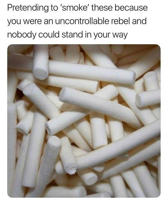 Close-up of white candy sticks with text about pretending to smoke as an unapologetically British meme and post.