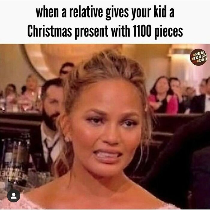 Woman making an awkward face reacting to a relative giving a child a complex Christmas present parenting memes humor