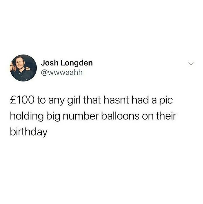 Tweet from Josh Longden humorously referencing British birthday traditions with big number balloons in memes and posts.
