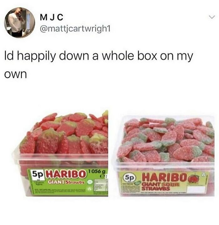 Tweet about happily eating an entire box of Haribo Giant Strawbs sweets British memes and posts humor.