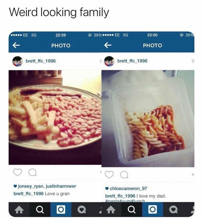 Instagram posts showing awkward meals of beans with fries and pasta in sauce, highlighting unapologetically British humor.