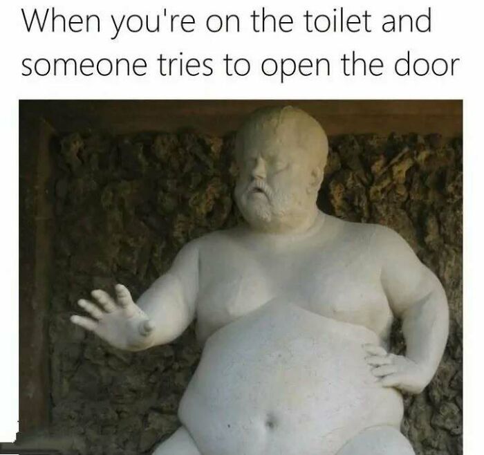 A humorous modern caption added to an old statue showing a man with a hand raised like stopping someone.