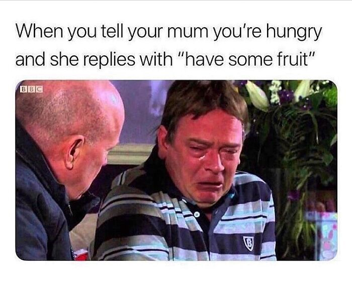 Man crying while another person consoles him, illustrating unapologetically British humor and cultural memes about family life.