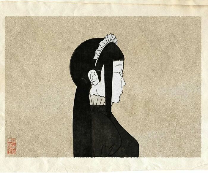 Minimalist Japanese painting of a woman in traditional style blending classic and modern art techniques.