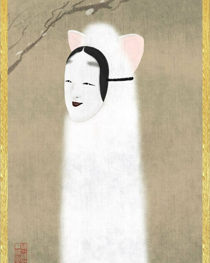 Traditional Japanese painting style depicting a surreal figure with a white furry body and a human-like mask face.