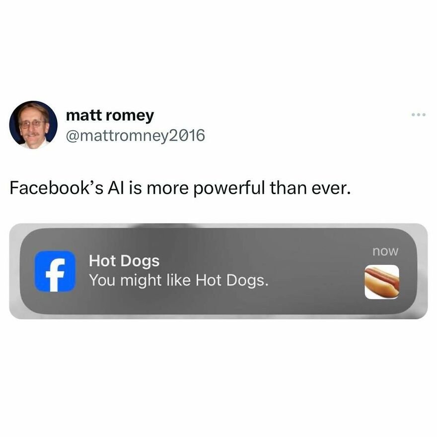 Tweet about Facebook’s AI suggesting hot dogs, shared in a meme format related to dad humor and jokes.