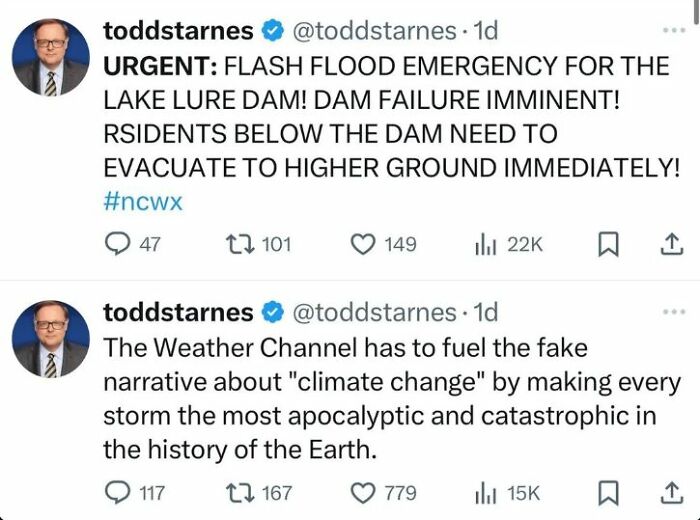 Tweets showing urgent flood warnings and climate change debates illustrating actions and consequences in real-life situations.