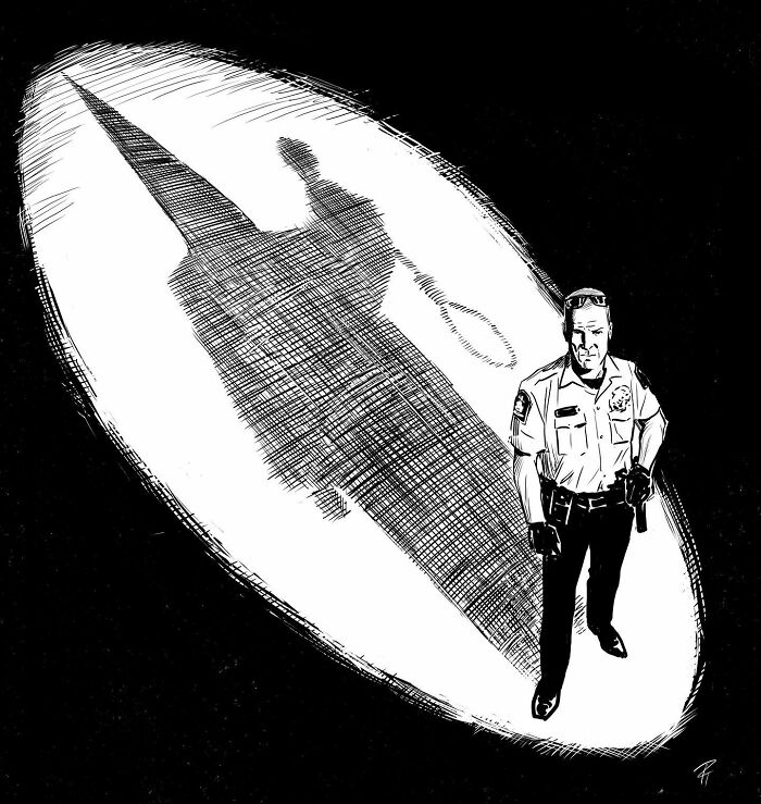 Black and white comic-style illustration of a police officer casting a shadow holding a noose, sparking important conversations.
