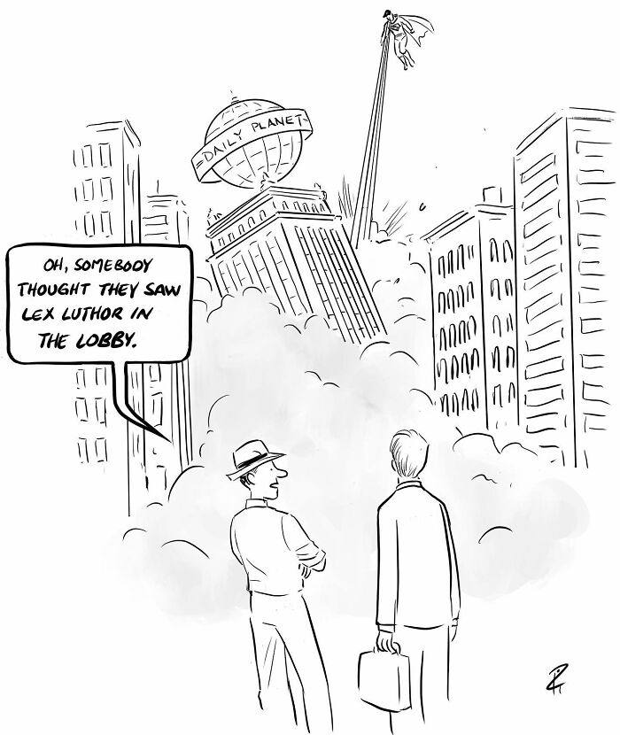 Black and white comic showing two men watching a collapsing building with superhero flying above, sparking important conversations.