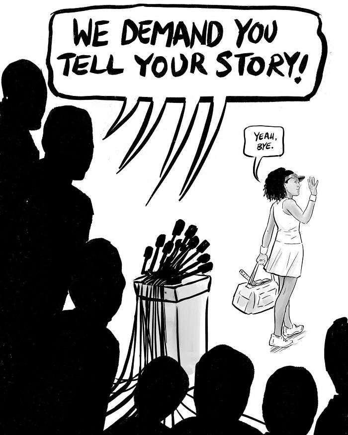 Comic showing a woman walking away from a crowd demanding her story, highlighting comics that spark important conversations.