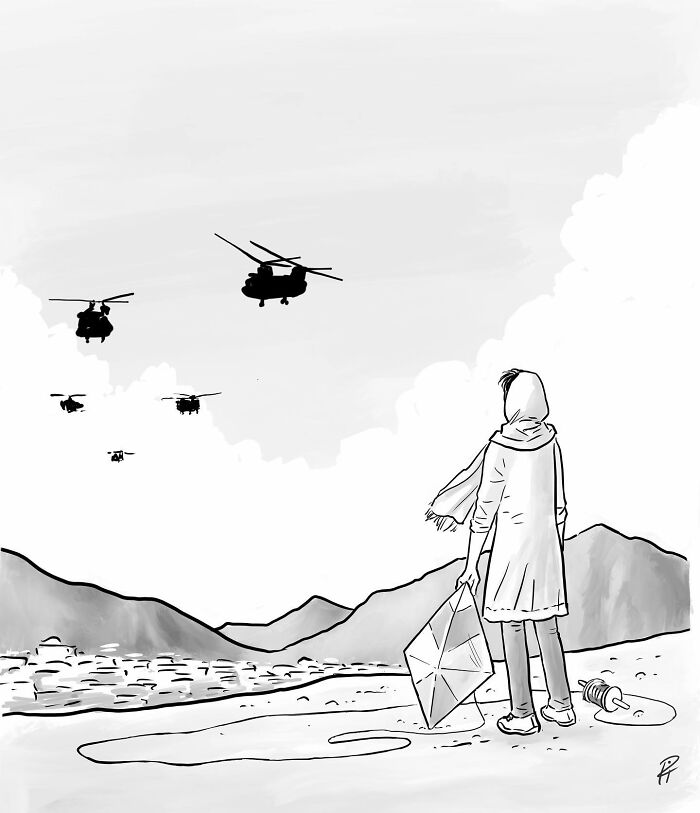 Person holding a kite near mountains watching helicopters fly by, illustrating comics sparking conversations about today's world.