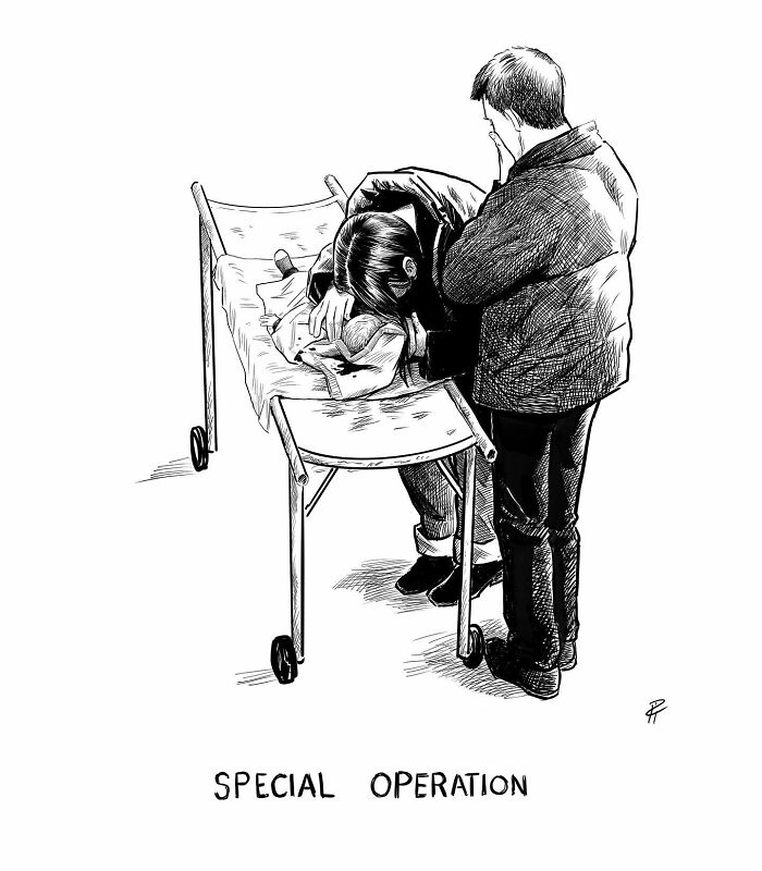 Two people grieving over a child on a stretcher, a comic sparking important conversations about today's world issues.