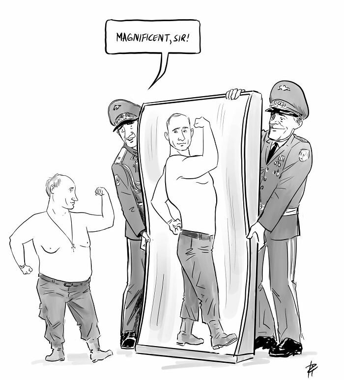 Cartoon showing a man flexing beside a mirror with a stronger reflection, highlighting comics that spark important conversations.