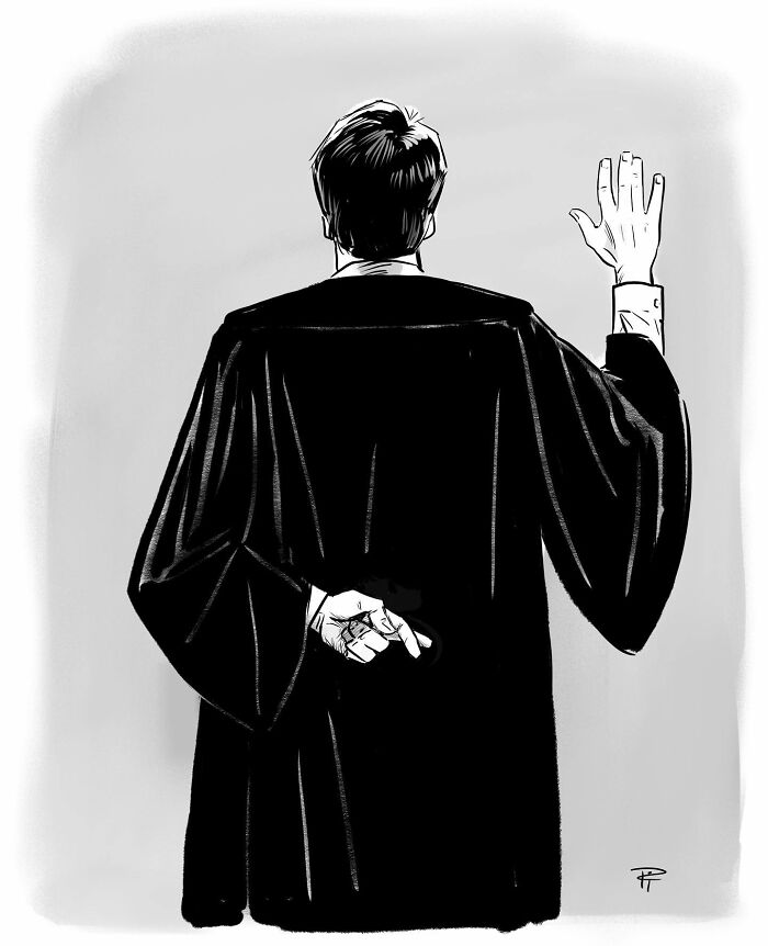 Black and white comic illustration of a person in a robe with fingers crossed behind their back, sparking important conversations.