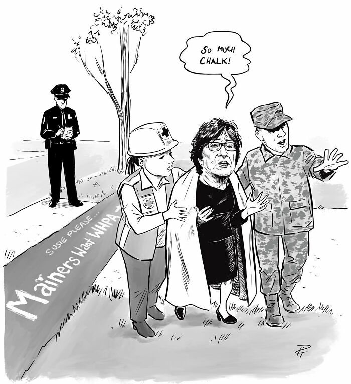 Black and white comic showing a woman supported by a nurse and soldier beside a sidewalk with a social justice message written in chalk.